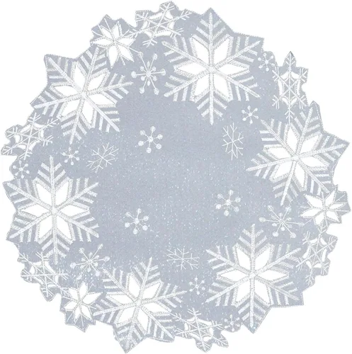 Miniatura 6 de Juego de 4 manteles redondos bordados con copos de nieve, manteles individuales redondos de 15 pulgadas para Navidad e invierno, centros de mesa