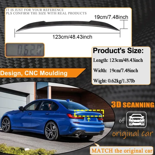 Miniatura 5 de Alerón de maletero de fibra de carbono compatible con BMW G20 Serie 3 2019-2025 y G80 M3, tapa trasera para maletero Highkick Wing Lip 330i 330e