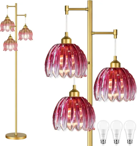 Miniatura 11 de QIYIZM Lámpara de pie para sala de estar, dormitorio, estilo granja, arco, ratán, boho, lámpara de pie con control remoto regulable, pantalla