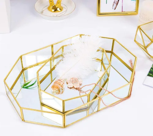 Organizador de joyas de maquillaje vintage Bandeja de vidrio de espejo hecha a mano Decoración del hogar Bandeja de color de metal (grande)