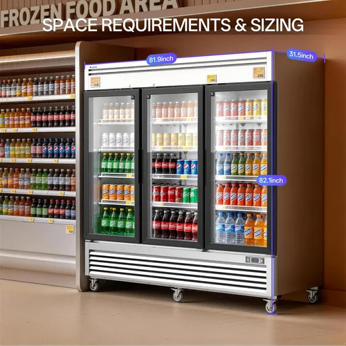Miniatura 6 de Coolski Refrigerador comercial de bebidas de 3 puertas de 82 pulgadas de ancho, refrigerador de 78.2 pies cúbicos con pantalla de puerta de vidrio