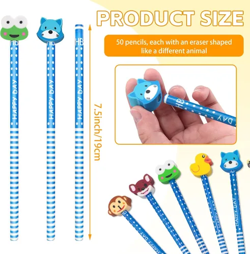 Miniatura 3 de Paquete de 50 lápices de animales de dibujos animados con borradores, lápices divertidos azules para niños, lindo juego de lápices y borradores