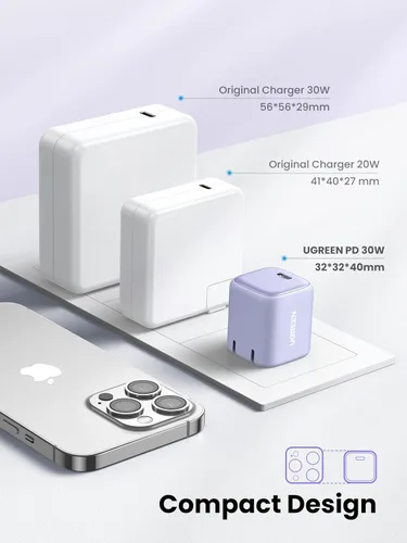 Miniatura 4 de UGREEN Cargador USB C de 30 W, Bloque de Carga de Pared Rápida Plegable GaN PPS Compacto Nexode, Adaptador de Corriente USB-C para iPhone Púrpura