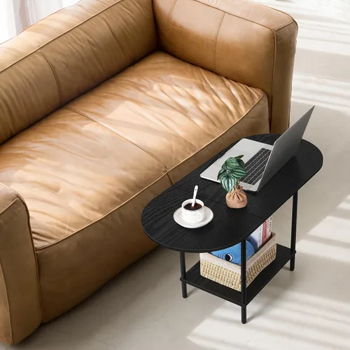 Miniatura 6 de OYEAL Mesa de Café Negra para Sala de Estar, Mesa Central Pequeña de 2 Niveles Ovalada, Mesa de Té Redonda de Granja de Media Siglo con Estante
