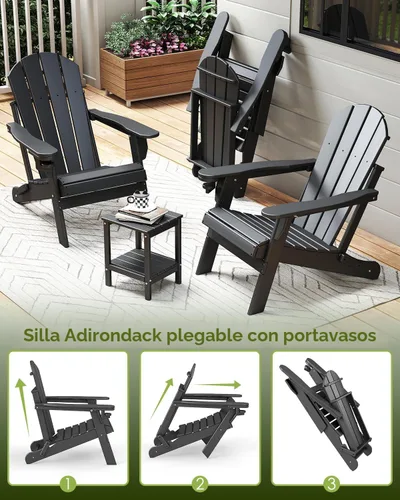 Miniatura 7 de GREENVINES Juego de 2 sillas plegables Adirondack Plástico HDPE Silla para hoguera Todo clima Portavasos Negro para terraza, patio