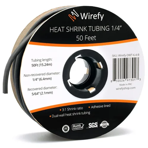 Wirefy | Tubo termorretráctil - 1/4 pulgada - Relación 3:1 - Impermeable de doble pared con adhesivo - Tubo termorretráctil - Tubos Negro