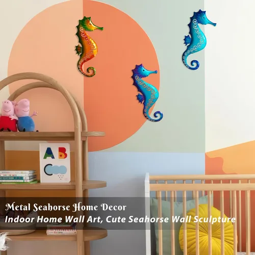 Miniatura 6 de POXOH - Juego de 3 decoraciones de pared de caballito de mar de metal, temática costera del océano de vida marina para interiores y exteriores, arte