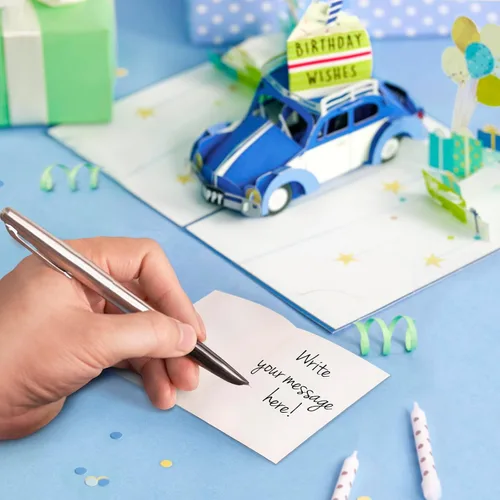 Miniatura 5 de POPWOW Tarjeta desplegable de cumpleaños, auto azul, escarabajo, Volkswagen, regalos, globos, tarjeta de felicitación 3D, regalo ideal para hijo