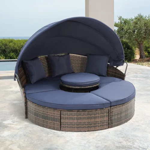 Miniatura 16 de Sofá cama redondo de ratán al aire libre con toldo retráctil y mesa de centro elevadora, muebles de patio, juego de sofá para piscina Garde