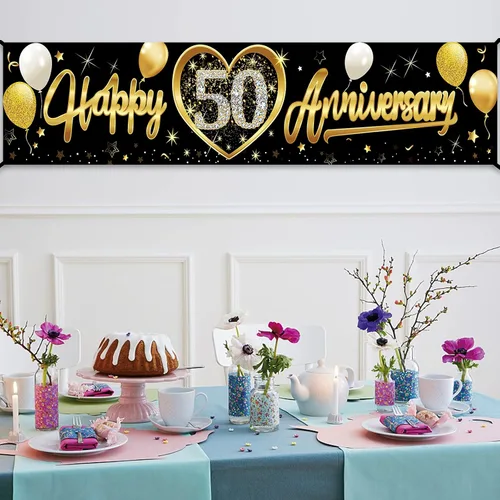 Miniatura 3 de Cartel de feliz 50 aniversario de boda, decoración de cartel de 50 aniversario de oro negro, suministros de fiesta, cabina de fotos para interiores