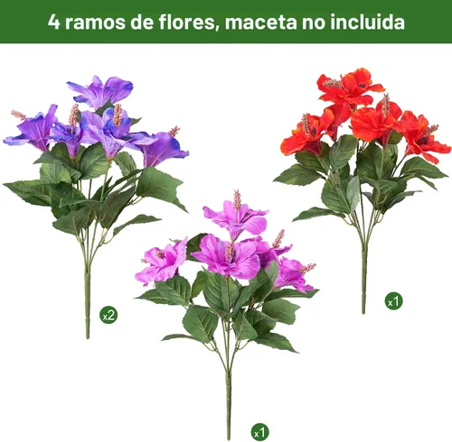 Miniatura 8 de HyeFlora Flores artificiales para exteriores, hibisco sintético, decoración exterior de verano, 4 paquetes de plantas artificiales tropicales