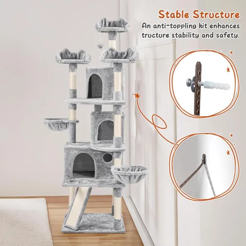 Miniatura 9 de Yaheetech Árbol grande para gatos de 76.5 pulgadas, torre grande para gatos con 3 condominios, perchas de felpa acogedoras, 9 postes rascadores
