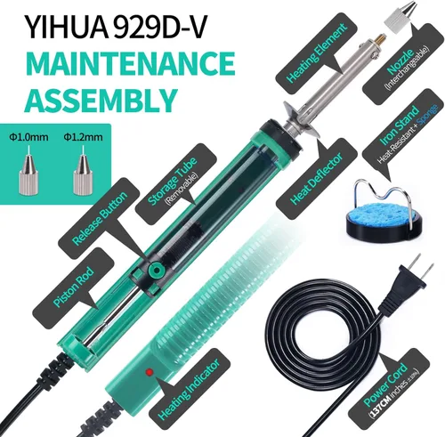 Miniatura 5 de YIHUA 929D-V Bomba desoldadora eléctrica de soldadura de soldadura con mango de carga más corto y boquillas de desoldadura de 0.039 in 0.047 in