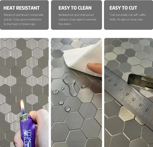 Miniatura 6 de Protector contra salpicaduras de acero inoxidable hexagonal despegar y pegar, azulejos de pared autoadhesivos de aluminio despegar y pegar