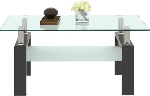 ODUSE-DAILY Morden Design - Mesa auxiliar rectangular de cristal para sala de estar, con patas de metal negro, vidrio templado transparente