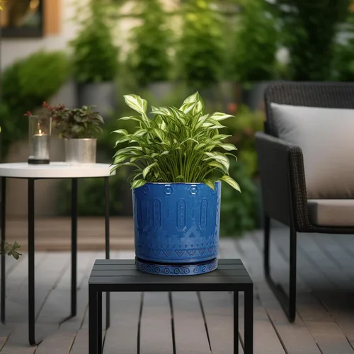 Miniatura 6 de Maceta de Cerámica Eightpot - Maceta de 20 cm para Interior con Agujeros de Drenaje y Platillo, Maceta Redonda para Exterior, Maceta Moderna de Azul