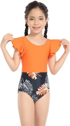 Miniatura 4 de Trajes de baño de una pieza para adolescentes y niñas, con volantes en el pecho, para niñas, adolescentes y niñas (color naranja, 5-6 años)