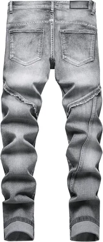Miniatura 2 de XIMXIMMTIAN Jeans rectos de motociclista para hombre, desgastados, desgastados, ajustados, rectos