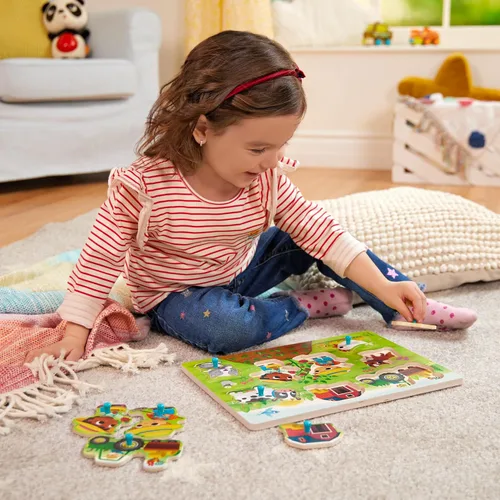 Miniatura 9 de B. toys Peek & Explore Puzzle 4 – Pack – Juguetes de madera para niños pequeños – 8 piezas cada uno – Vehículos, camiones, animales, corral – 2+ años