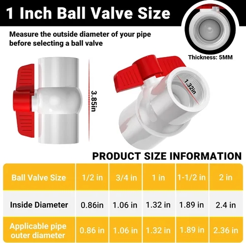 Miniatura 2 de Válvula de bola de PVC NPT de 1 pulgada, válvulas de tubería de agua de PVC SCH40 roscadas, válvula de bola de cierre de agua con mango en T roja