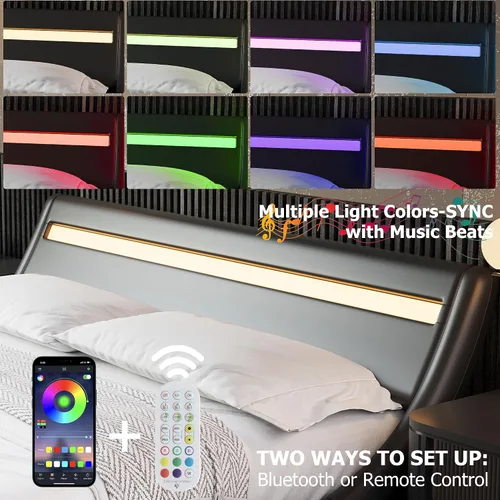 Miniatura 5 de TTVIEW Base de cama LED de perfil bajo de tamaño matrimonial con cabecera ajustable, moderna plataforma tapizada con soporte de listones de madera