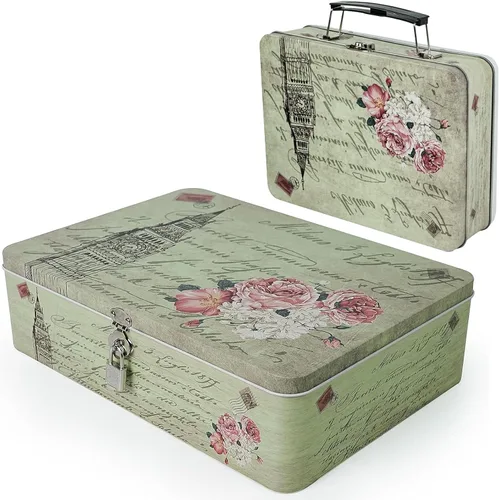 Miniatura 8 de Luwint Caja de almacenamiento decorativa, 12 pulgadas de largo x 9 pulgadas de ancho, estuche de metal para recuerdo con cerradura y llave y pequeña