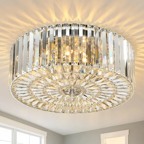 Miniatura 10 de Large Crystal Ceiling Light, 17.5" Black K9 Crystal Flush Mount Ceiling Light, 4-Light Round Luxury Light Fixture for Dining Room, Bedroom, Hotel