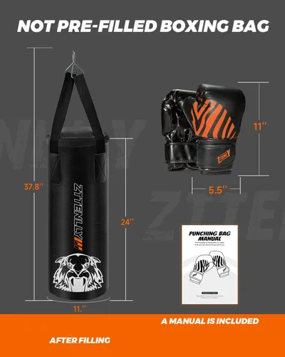 Miniatura 7 de Bolsa de boxeo para niños con guantes - Cuero PU y correa de altura ajustable - Juego de bolsa de boxeo para niños/jóvenes de 3-8-14 años, ideal