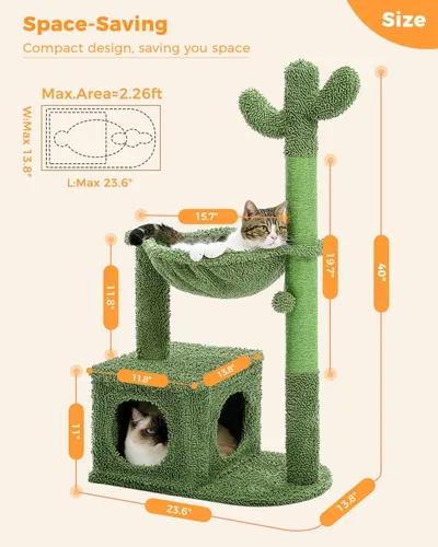 Miniatura 7 de MUTTROS Árbol de gato Cactus de 40" con torre para gatos, hamaca de alfombra grande de metal, poste para arañar para gatos de interior con Verde