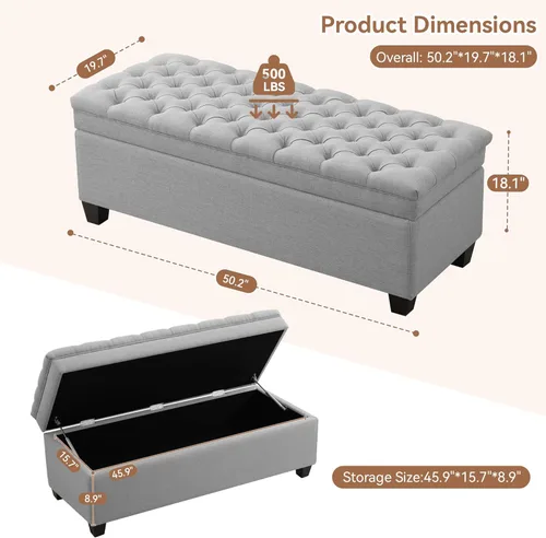 Miniatura 2 de WUTUTUEE Banco Otomán de Almacenamiento de Tela de 51", Banco Otomán de Almacenamiento Rectangular Tapizado Acolchado para Pie de Cama, Banco