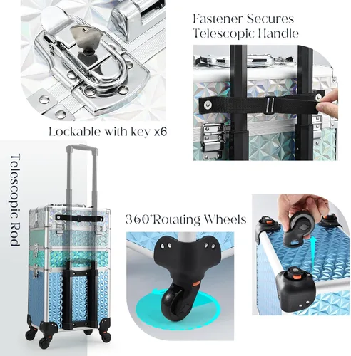 Miniatura 4 de estuche profesional 3 en 1 para maquillaje rodante, estuche de aluminio con ruedas de rotación 360° para artista de maquillaje, maletín organizador