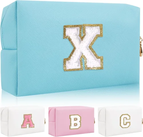 Miniatura 39 de Bolsa de maquillaje con parche de letra inicial personalizada, bolsa de cosméticos de chenilla preppy con letra de chenilla con cremallera, Y