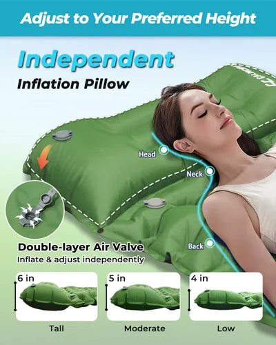 Miniatura 2 de Colchoneta de dormir inflable de 4 pulgadas de grosor con almohada ajustable y bomba de pie integrada, colchón de aire ligero para acampar con Verde