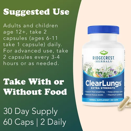 Miniatura 4 de RidgeCrest Herbals ClearLungs Extra Strength, suplemento de salud diaria, fórmula natural de bienestar pulmonar y nasal para apoyo bronquial