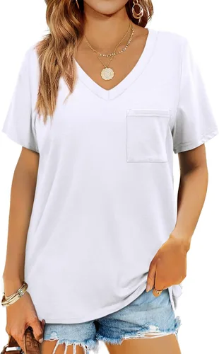 Miniatura 3 de Geifa Camisetas de manga corta con cuello en V para mujer, camisetas casuales de verano con bolsillo