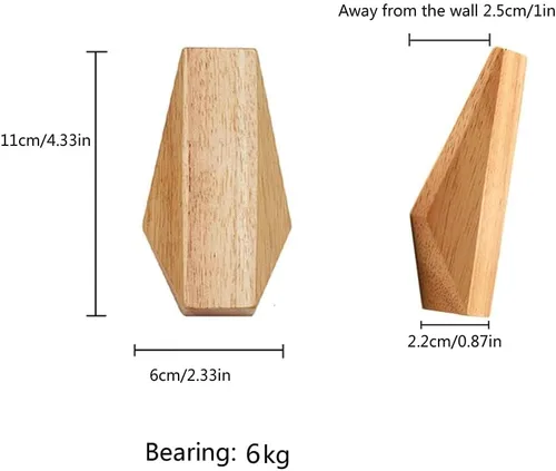 Miniatura 2 de Ganchos de pared de madera, paquete de 6 ganchos montados de madera rústica resistente para bata, perchero para sombreros, para colgar toallas