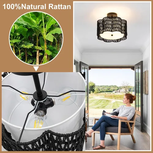 Miniatura 6 de ✿ Lámpara de Techo de Ratán Tejido a Mano de 13.8" con 3 Luces Montaje Empotrado Boho Negro para Dormitorio Pequeño y Guardería, Luz de Techo