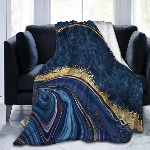 Perinsto Manta de mármol pintado azul ultra suave y cálida para todas las estaciones, manta decorativa de forro polar para cama, silla, automóvil,