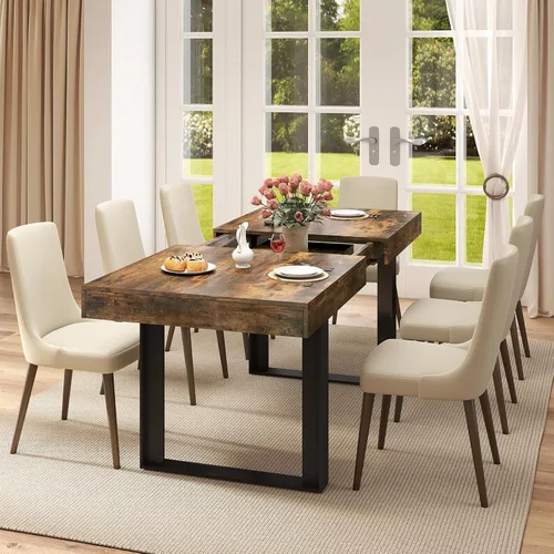 Miniatura 9 de Zevemomo Mesa de Comedor Expandible de 63"-78.7", Mesa de Cocina Estilo Granja para 6-10 Personas, Mesa de Comedor Rectangular Extensible, con Riel
