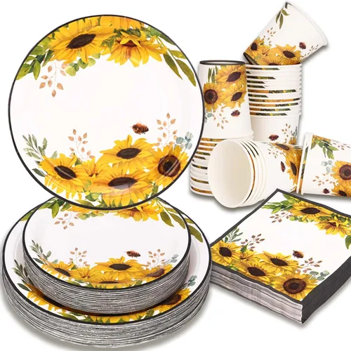 Miniatura 8 de Juego de 350 platos de papel floral, platos desechables con borde dorado para 50 invitados, suministros de fiesta para adultos, jardín, fiesta