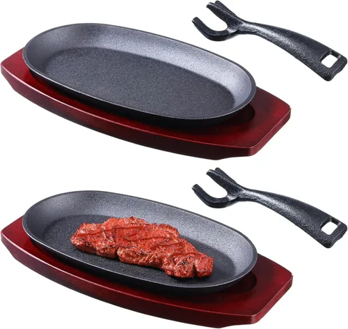 Mifoci Juego de 2 sartenes ovaladas de hierro fundido para fajita, plato pequeño para carne chisporroteante con base de madera y mango, sartén de