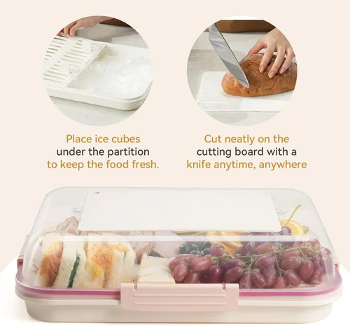 Miniatura 2 de Recipiente de almacenamiento de alimentos con tapa para tabla de cortar, bandeja de aperitivos con compartimento para bolsa de hielo y divisor Crema