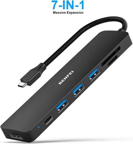 Miniatura 2 de BENFEI HUB USB C 7 en 1, Adaptador HUB Multipuerto USB-C con HDMI (Certificado 4K @ 60Hz)/Entrega de energía de 100W/3*USB 3.0 5Gbps/Lector de Negro