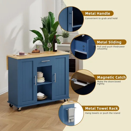 Miniatura 5 de SUNLEI Carrito de isla de cocina rodante con ruedas, mesa de isla para cocina, carrito de cocina de granja con hojas colgantes y toallero y cajón