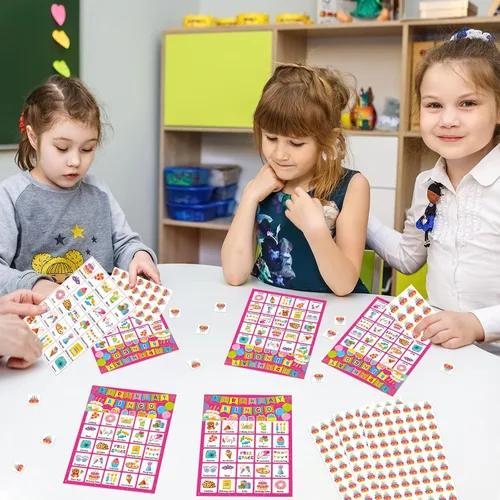 Miniatura 4 de Tarjetas de juego de bingo de cumpleaños para niños, niñas y adultos, 24 jugadores, fiesta de cumpleaños, juegos de bingo para escuela, aula, Rosa