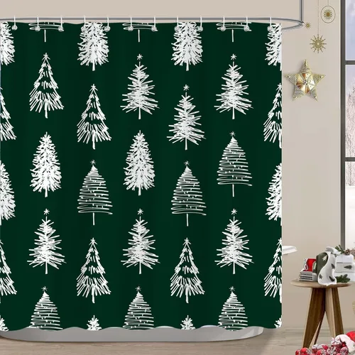 Miniatura 11 de Cortinas de Ducha de Navidad para Baño, Azul Lindo Muñeco de Nieve Árbol de Navidad Invierno Paisaje Natural Juego de Cortinas de Ducha, Tela