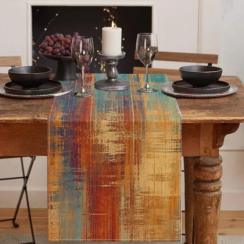 Emvency Camino de mesa azul y naranja, decoración vintage abstracta y desordenada con pintura oxidada para mesa de comedor y mesa de café, ideal