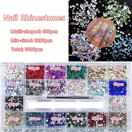 Miniatura 3 de 3800 unidades de diamantes de imitación coloridos para uñas, color rojo, azul, verde, champán, dorado, negro, amarillo, diamantes de imitación