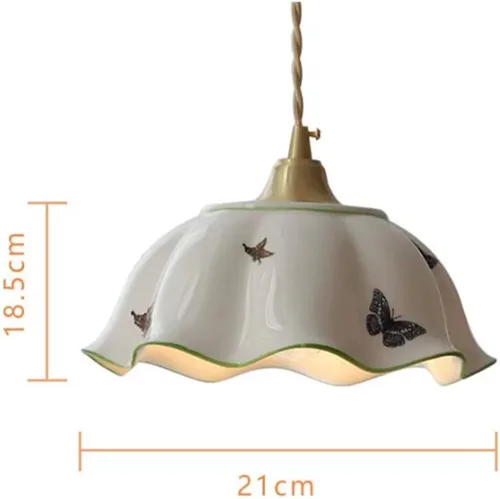 Lámpara colgante de vidrio con forma de flor francesa, lámpara colgante de techo de cerámica blanca plisada nórdica de latón mariposa vintage