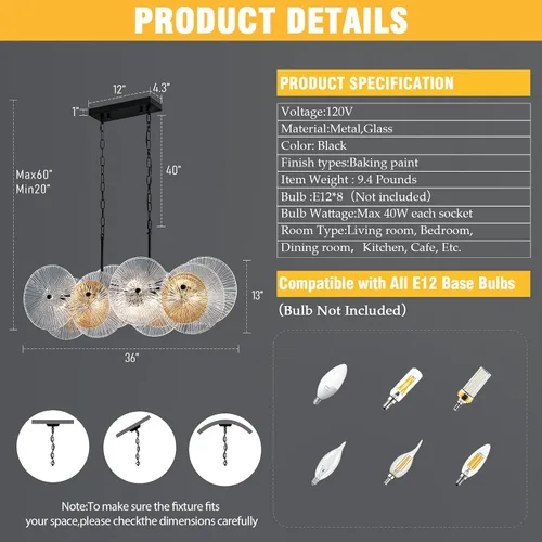 Miniatura 5 de LIGHTDAMY Candelabros de cristal negro para lámparas de comedor sobre la mesa Iluminación de isla de cocina de 8 luces con cubierta de vidrio